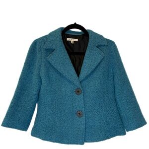 Cabi Teal Boucle Wool Blend Jacket Size 6 Cropped Tailored Chic Coat Preppy